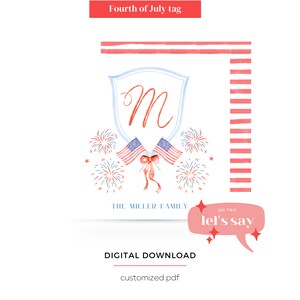Printable 4th of July Favor Tag, Patriotic American Flag Initial Gift Tag, Favor Card for Fourth of July Party and Gifts - Digital File