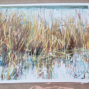 Original Aquarell Landschaft von der preisgekrönten Kinderbuchillustratorin Shelly O Haas, Titel: River Time, 9 "x 11" ungerahmt ohne Passepartout