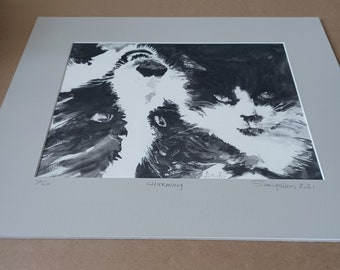 Harmony is a Ltd print of a Border Collie juxtaposed with a Tuxedo Cat.  This black & white image is signed/sold by Illustrator