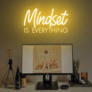 Neon Mindset is Everything, ręcznie robiony neon, motywujące prezenty, prezenty dla niej, pozytywna inspirująca sztuka ścienna, zdrowie psychiczne, Boże Narodzenie