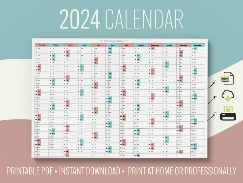 Printable 2024 School Calendar A1, A2 and A3 Sizes Instant PDF Download ...