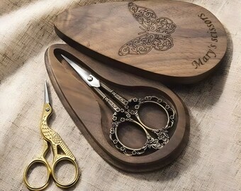 Personalized Magnetic Scissors Box • European Style Embroidery Scissors • Custom European Stork Style Scissors with Box Engraving