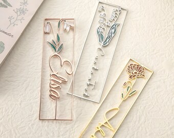 Custom Birthday Flower Name Bookmark • Colorful Birth Flower Stainless Steel Bookmark • 3D Names • Women's Birthday/Commemorative Gifts