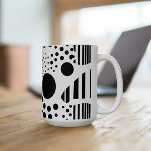 Black and White Dots Ceramic Mug 15oz, Abstract Modern Geometric Coffee Mug, Housewarming Gift, Artsy Kitchenware, Polka Dots Cup, Cute Gift