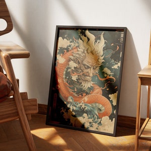 May include: A framed print of a Japanese-style illustration featuring a dragon with a human-like face. The dragon is orange and red with a blue and white wave pattern. The background is black with white clouds and the text "龍" in Japanese.