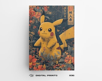 ポケモンカード ピカチュウ ゴッホ 星月夜 アート ポケモン風ピカチュウポスター - ゴッホ風星月夜の絵画 - デジタル