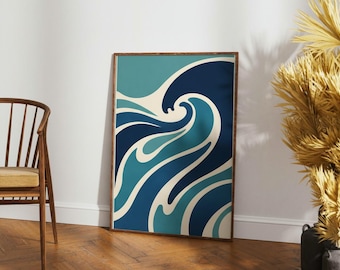Abstract Ocean Wave Print, Teal Navy Blue Coastal Wall Art