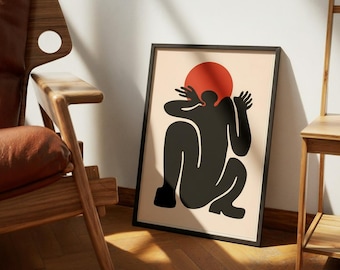 Zen Abstract Minimal Poster, Black Figure Meditation Art, Boho Wall Decor