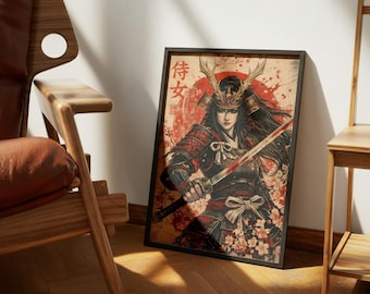 Póster abstracto de chica samurái – Lámina decorativa de anime de guerrera japonesa para pared