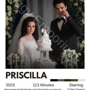 Pode incluir: Cartaz do filme "Priscilla" com uma noiva e um noivo, e um bolo de casamento. O cartaz inclui o título do filme, o ano de lançamento 2023, a duração 113 minutos e o elenco. A imagem tem um tema romântico.