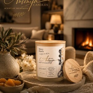 May include: A frosted glass candle jar with a wooden lid, labeled Merry Hearts, featuring coconut apricot wax, 8 oz/226 g weight, and 55 hours burn time. The label lists notes of ginger, orange peel, spices, cypress, and sea breeze, with the brand name Antonija.