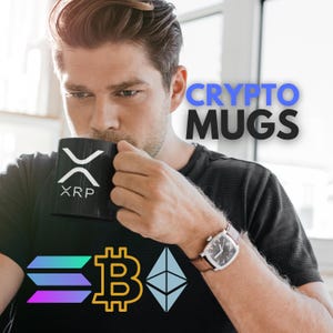 May include: A person is drinking from a black mug with a white XRP logo. The mug is in front of a window. The person is wearing a black shirt with a watch on their left wrist. The shirt has a Bitcoin logo, an Ethereum logo, and a logo with three horizontal lines in different colors. The text "CRYPTO MUGS" is in the upper right corner of the image.