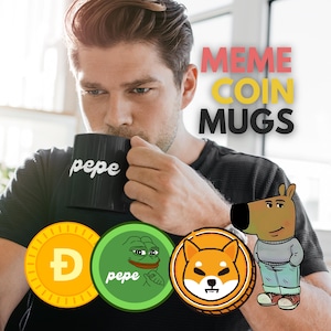 May include: A person holding a black mug with the word "pepe" written on it. The mug is in front of a background with the words "MEME COIN MUGS". There are three round stickers on the person's shirt: a yellow sticker with a Bitcoin symbol, a green sticker with a Pepe the Frog image, and a yellow sticker with a Shiba Inu dog image.