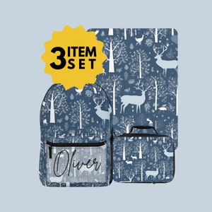 Sac à dos Woodland pour enfants avec couverture assortie Sac à lunch pour enfants Cartable d'école personnalisé Sac de soirée pyjama Sac avec nom personnalisé Ensemble cadeau de douche pour bébé