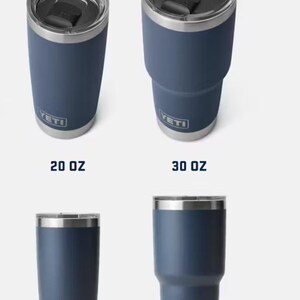 May include: Four navy blue insulated tumblers with silver rims and lids. Two tumblers are 591 ml, and two are 887 ml. The brand name "YETI" is displayed on the front of each tumbler.