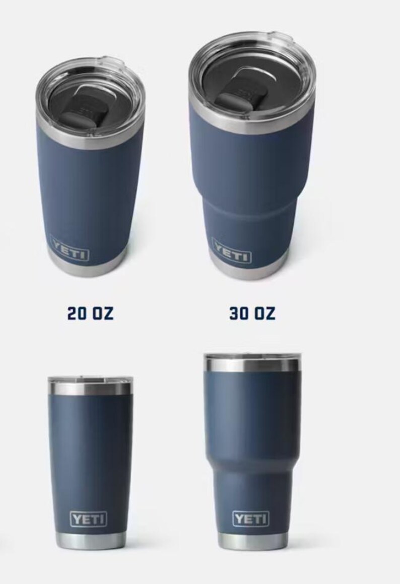 May include: Four navy blue insulated tumblers with silver rims and lids. Two tumblers are 591 ml, and two are 887 ml. The brand name "YETI" is displayed on the front of each tumbler.