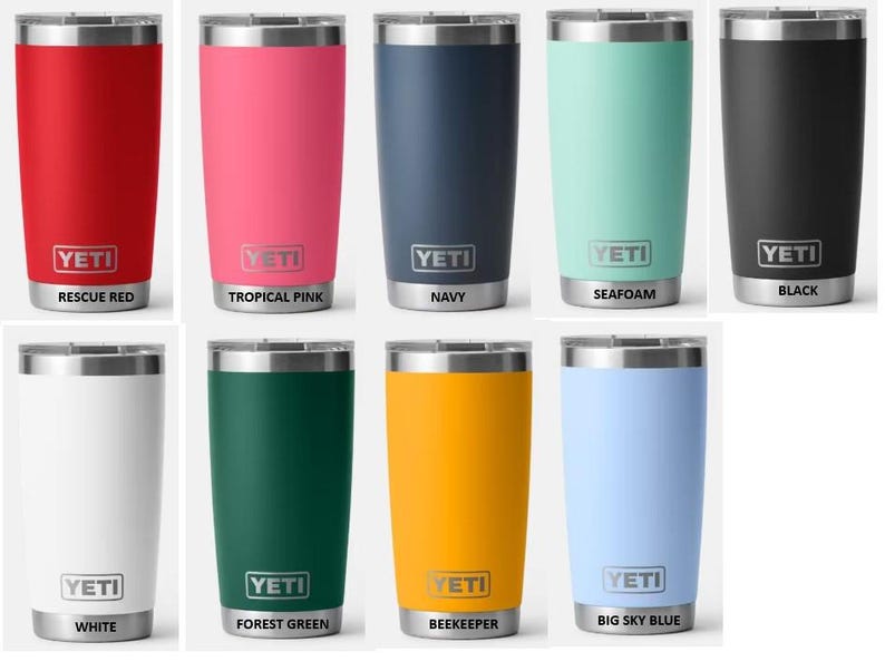 May include: A selection of insulated tumblers in colours such as red, pink, navy, seafoam, black, white, forest green, yellow, and light blue. Each tumbler has a silver rim and base, with the "YETI" logo displayed.
