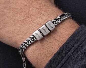 Stainless Steel Beaded Bracelet, Engraved Bracelet for Dad with Kids Names, Personalize Daddy Bracelet, Custom Gift For Dad Fathers Day Gift