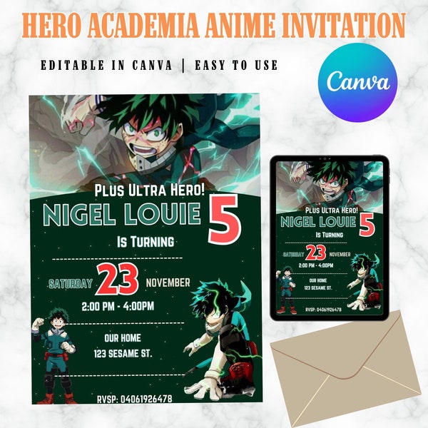 HeroAcademia Invitation | Anime Invitation | Deku Birthday Invitation | Customizable Invitation | Canva Invitation | Digital Download