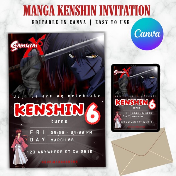 Invitation Manga Anime | Faire-part animé | Invitation d'anniversaire sur le thème de l'anime | Invitation personnalisable | faire-part en toile | Téléchargement numérique