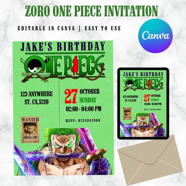 OnePiece Invitation | Anime Invitation | One Piece Birthday Invitation | Customizable Invitation | Canva Invitation | Digital Download Zoro