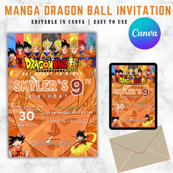 Modèle d'Invitation d'anniversaire Dragon Ball pour fête d'anniversaire Dragon Ball, Invitation Dragon Ball pour enfant, toile modifiable en téléchargement numérique