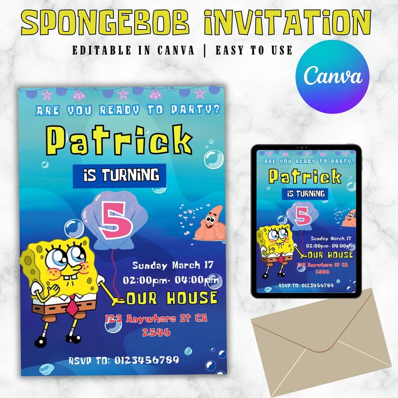 Cartoon Spongebob Birthday Invitation Template Printable Sponge Bob Invitation Party Invitations ...