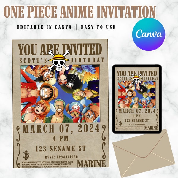 OnePiece Invitation | Anime Invitation | One Piece Birthday Invitation | Customizable Invitation | Canva Invitation | Digital Download |