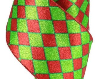 Red/Lime Green/Emerald Green Harlequin Wire Edge Ribbon, 4&quot; x 10 Yards