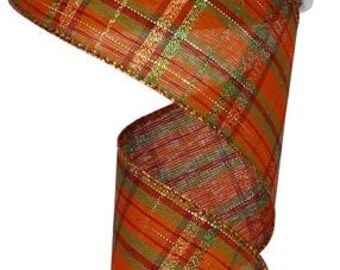 May include: Orange, green, and gold plaid ribbon with a metallic sheen. The ribbon is 2.5 inches wide and is perfect for crafting and decorating.