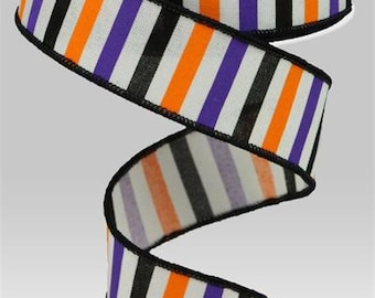 Horizonal Stripe Ribbon:  White, Black, Purple, Orange, 1.5" x 10 Yard Wire Edge Spool, Halloween Ribbon, Wreath Making Supplies