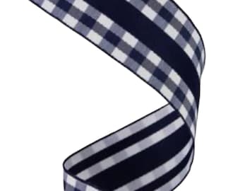 Gingham with Center Stripe:  Navy/White, 1.5” x 10 Yards Wire Edge Ribbon Spool
