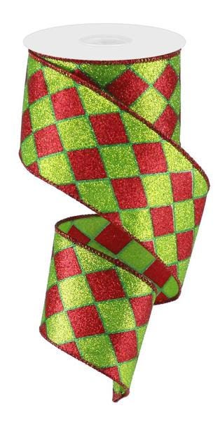 Red, Emerald Green, Lime Green Glitter Harlequin Wire Edge Ribbon, 2.5" x 10 Yards