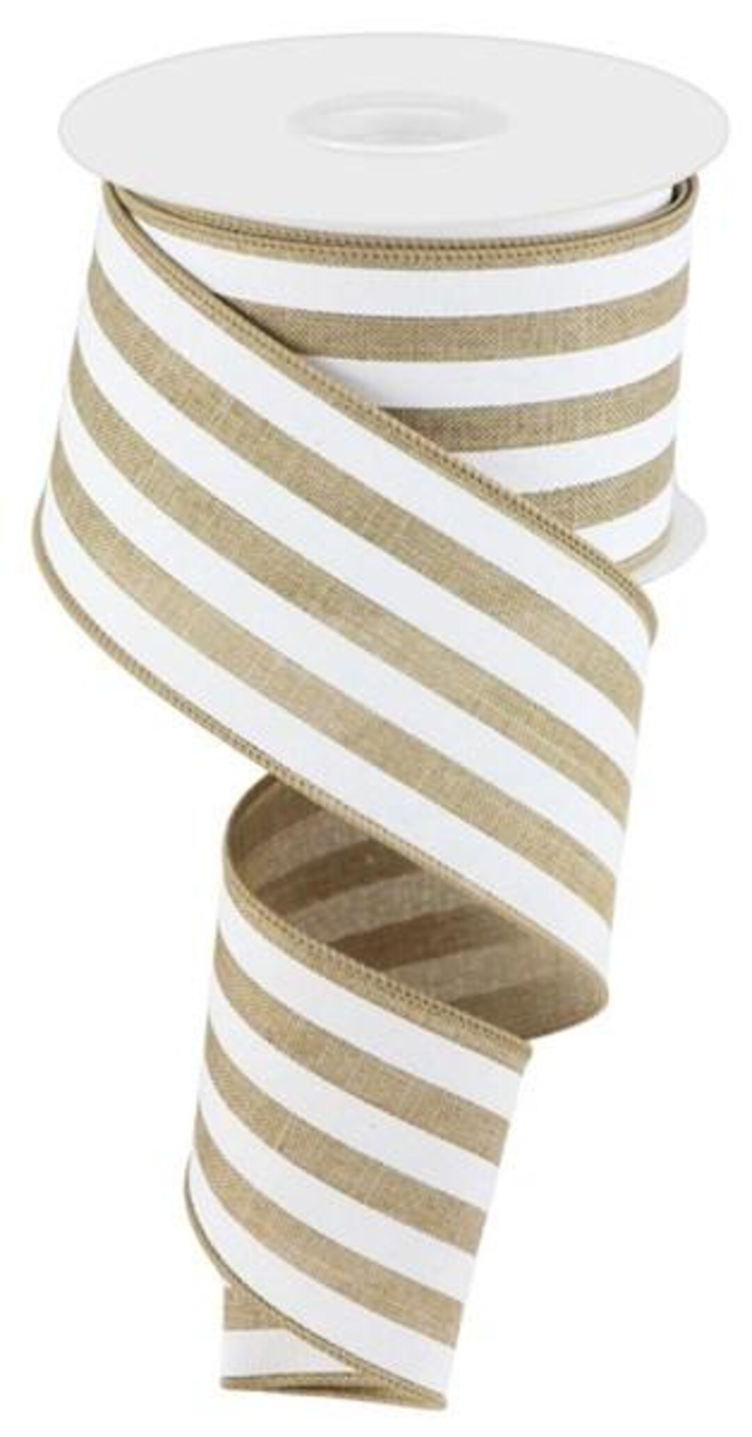 Light Beige/white Vertical Stripe Wire Edge Ribbon, 2.5