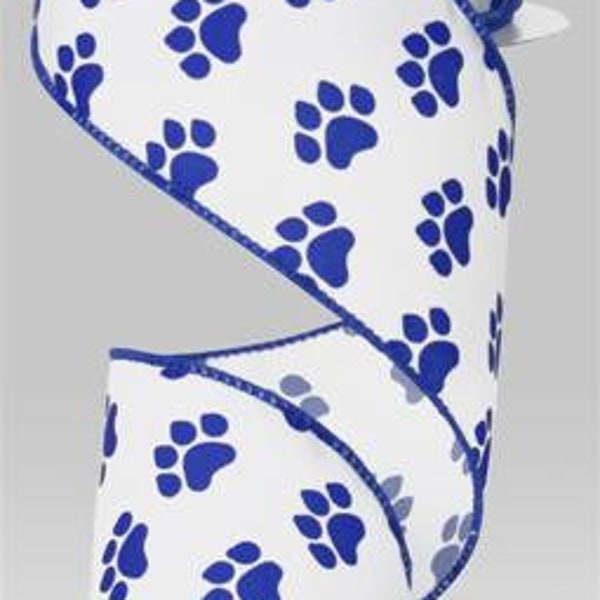 Paw Print Wire Edge Ribbon:  Blue/White, 2.5" x 10 Yard Spool, RG1777WR