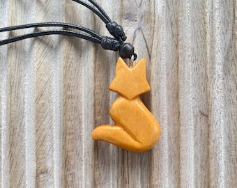 Hand Carved Wood Fox Necklace: Rustic Animal Charm