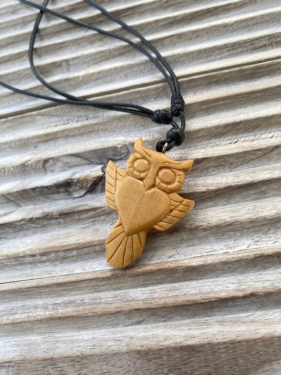 Handcarved Santigi Wood Owl Necklace, Boho Bird Pendant