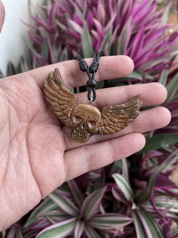 Mens Skull Necklace, Skull Necklace, Handmade Wood Skull Wing