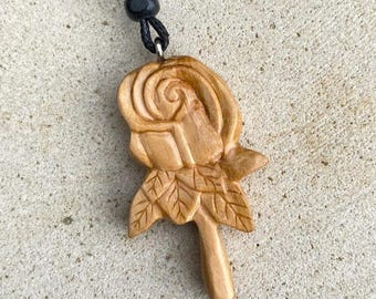 Hand Santigi Wood Rose Necklace : Boho Floral Pendant, Wooden Necklace Rose