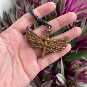 Hand Carved Angel Sword Necklace, Wooden Pendant Jewelry for Men & Women, Gothic Fantasy Winged Sword Charm, Handmade Gift