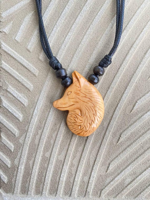 Handmade Carved Wooden Fox Pendant Necklace: Wood Charm UK