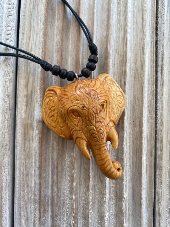 Hand Carved Wood Elephant Pendant Necklace - Spirit Animal Jewelry