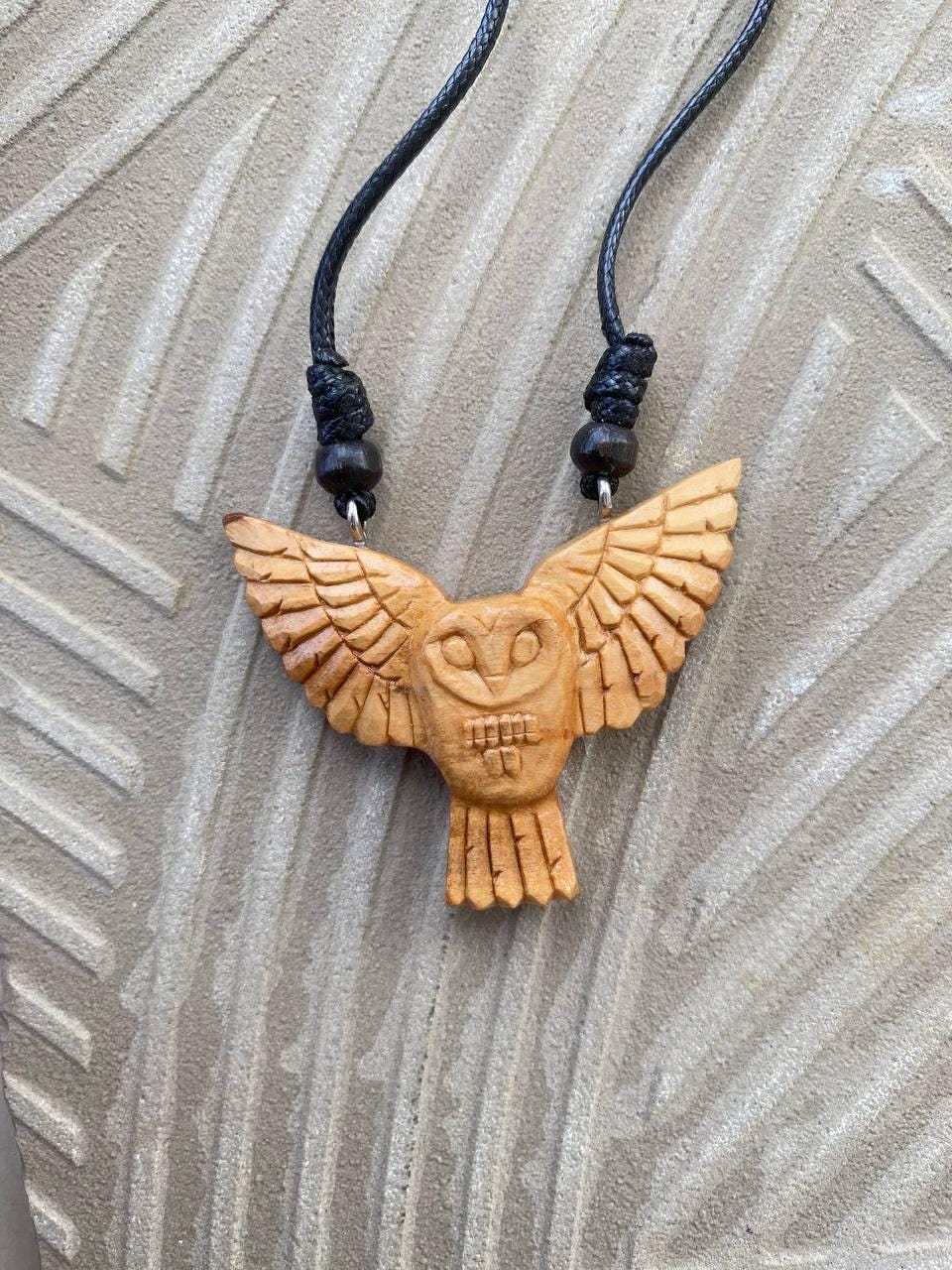 Hand Carved Owl Pendant Necklace, Santigi Wood Charm, Eco Friendly