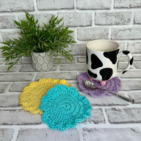 Knit Mug Rugs, Set of 3 Mug Rugs, Crocheted Mug Coasters, Coffee Coasters, Spring Mug Rugs, Easter Coffee Coasters, Mother's Day Gift MR01