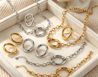 Conjunto de joyería geométrica de acero inoxidable, collar, pulsera, pendientes y anillo, cadena gruesa minimalista, regalo para ella.