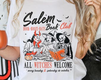 Salem Book Club Halloween t-shirt, all witches welcome tee, Retro Witchy tshirt, Halloween gift, Salem fall shirt