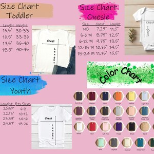 May include: Size charts for toddler, youth, and onesie clothing. The charts show chest, length, and weight measurements in inches. The color chart shows a variety of colors for the clothing.
