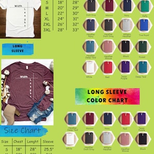 May include: Size chart for unisex V-neck and long-sleeve t-shirts. The chart shows sizes XS to 3XL with corresponding chest and length measurements in inches. Color chart shows various colors for both V-neck and long-sleeve shirts.