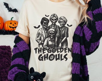 Golden Ghouls, Retro Halloween Unisex Tee | Ring-Spun Cotton, Skeleton Horror Parody Design