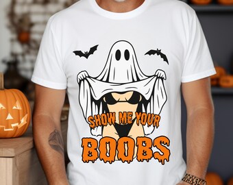 Halloween Tee, Ghost Costume T-Shirt | Ring-Spun Cotton Unisex, Cheeky Boobs Joke, Party Apparel, Sizes S-3XL